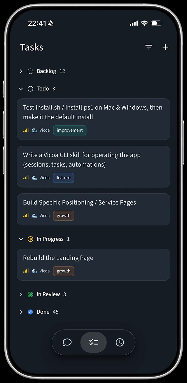 A task board with backlog, todo, and in-progress columns in the T-Ex LLM mobile app