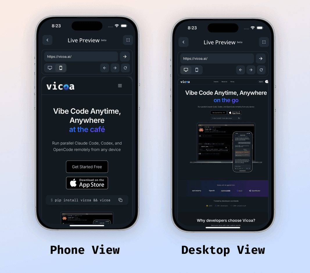 T-Ex LLM Live Preview showing a local website in both phone and desktop viewports